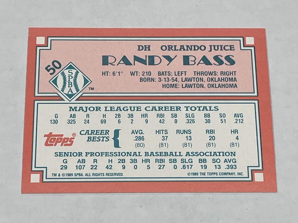 1989 Topps Senior League Baseball #50 - Randy Bass - Orlando Juice - Image 2 of 2