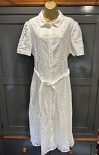 M&S White Broderie anglaise button through shirt Dress, tie belt. Size 18 Long