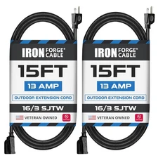 2 Pack of 15 Ft Outdoor Extension Cords - 16/3 Durable Black 3 Prong