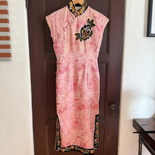 Vintage Handmade Pink Chinoiserie Cheongsam Qi Pao - Approx Size Small