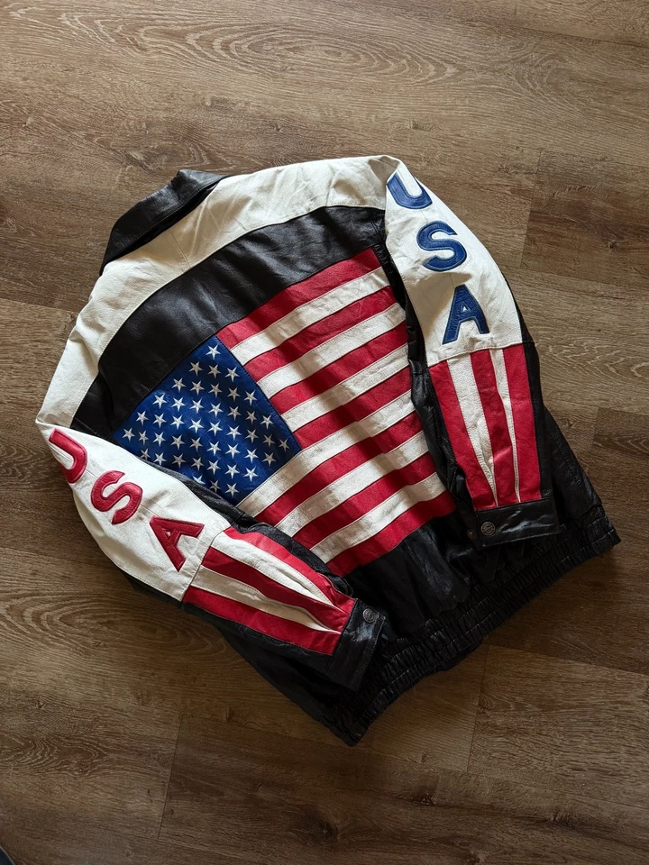 Chaqueta de cuero americano con bandera de águila de Estados Unidos talla M vintage Foto 2 de 4