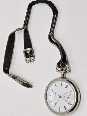 Antique Working 1902 ELGIN Victorian Gents Nickel Silver Pocket Watch with Strap