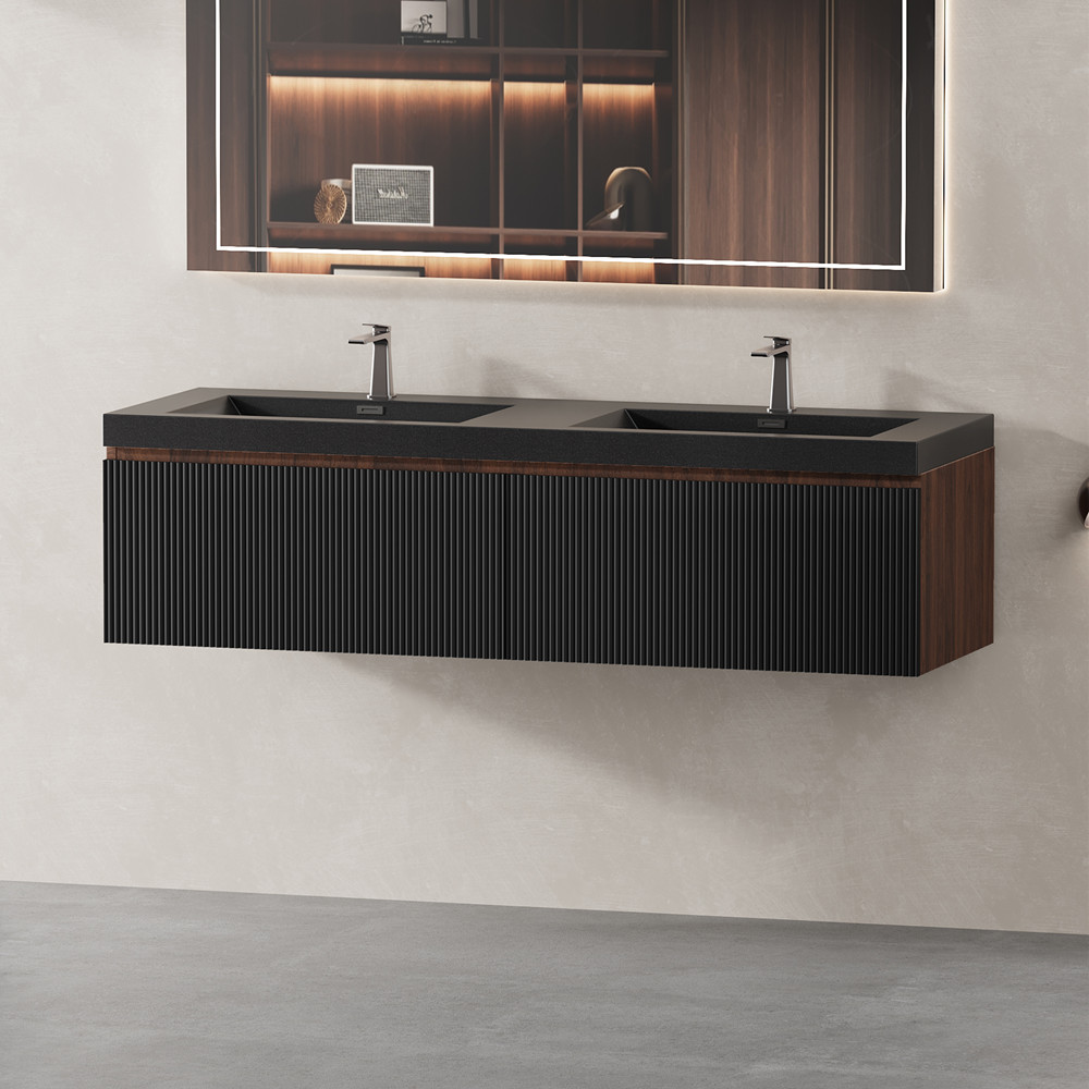 60" Wall Mounted Bathroom Vanity w/Double Sink,2 Drawers,Floating Vanity Cabinet