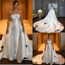 Vintage Satin Wedding Dress Strapless Backless Black Flowers A-Line Bridal Gowns