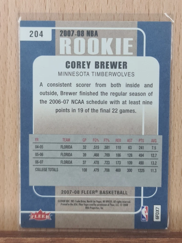 Corey Brewer #204 2007 Fleer Rookie Timberwolves E0117A Foto 2 de 2
