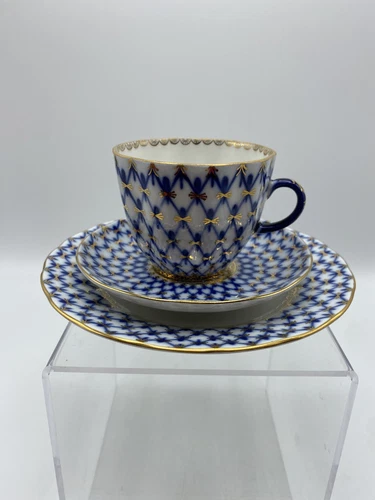 3Pc Lomonosov Russia Cobalt Blue Gold Net Imperial Porcelain Cup Saucer Plate /r