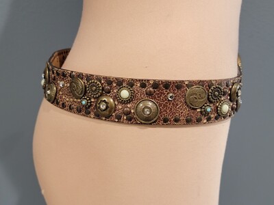 NANNI Vintage Brown Distressed Crackled Medallion Jeweled 