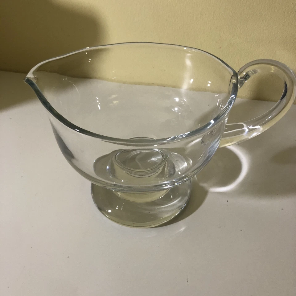 Heavy Blown Glass Clear Pedestal Sauce Pitcher Large FOOTED GRAVY BOAT - Image 1 of 4