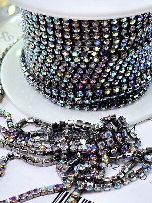 SS8 1 Meter Klar AB Glas Kristall Strass Tasse Kette Borte Edelstahl Sockel