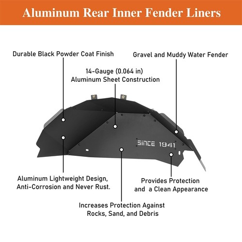 2Pcs Black Aluminum Rear Inner Fender Liners for Jeep Wrangler JK 2007-2018 - Picture 2 of 14
