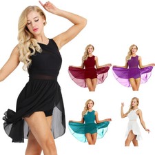 Women Lyrical Chiffon Ballet Dance Leotard Flowy Dress Gymnastics High-Low Skirt