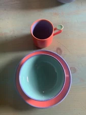 SET 3 pc Lindt-Stymeist Colorways Child  Plate Bowl Thumbprint Mini Espresso Mug