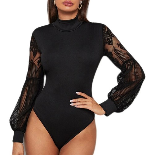 Women Turtleneck Bodysuit Tops Female Lace Patchwork Bodycon Long Sleeve Rompers - Picture 12 of 12
