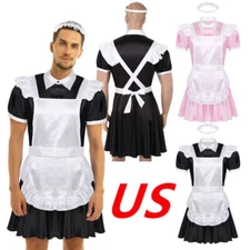 Men Adult Sissy French Maid Uniform Satin Dress Fancy Cosplay Party Costume Suit