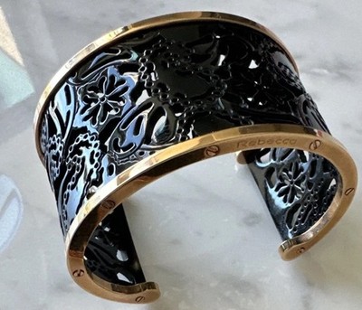 REBECCA Italian Laser-cut Black Filigree & Rose Gold Plated Cuff,  1 3/16  Wide