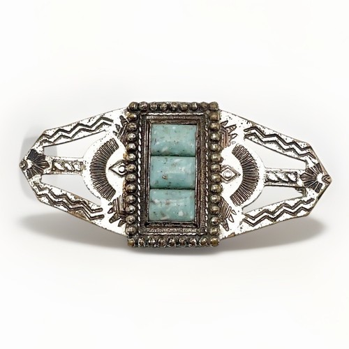 Vintage Native American Silver Toned Faux Turquoise Brooch Pin 2.8”L