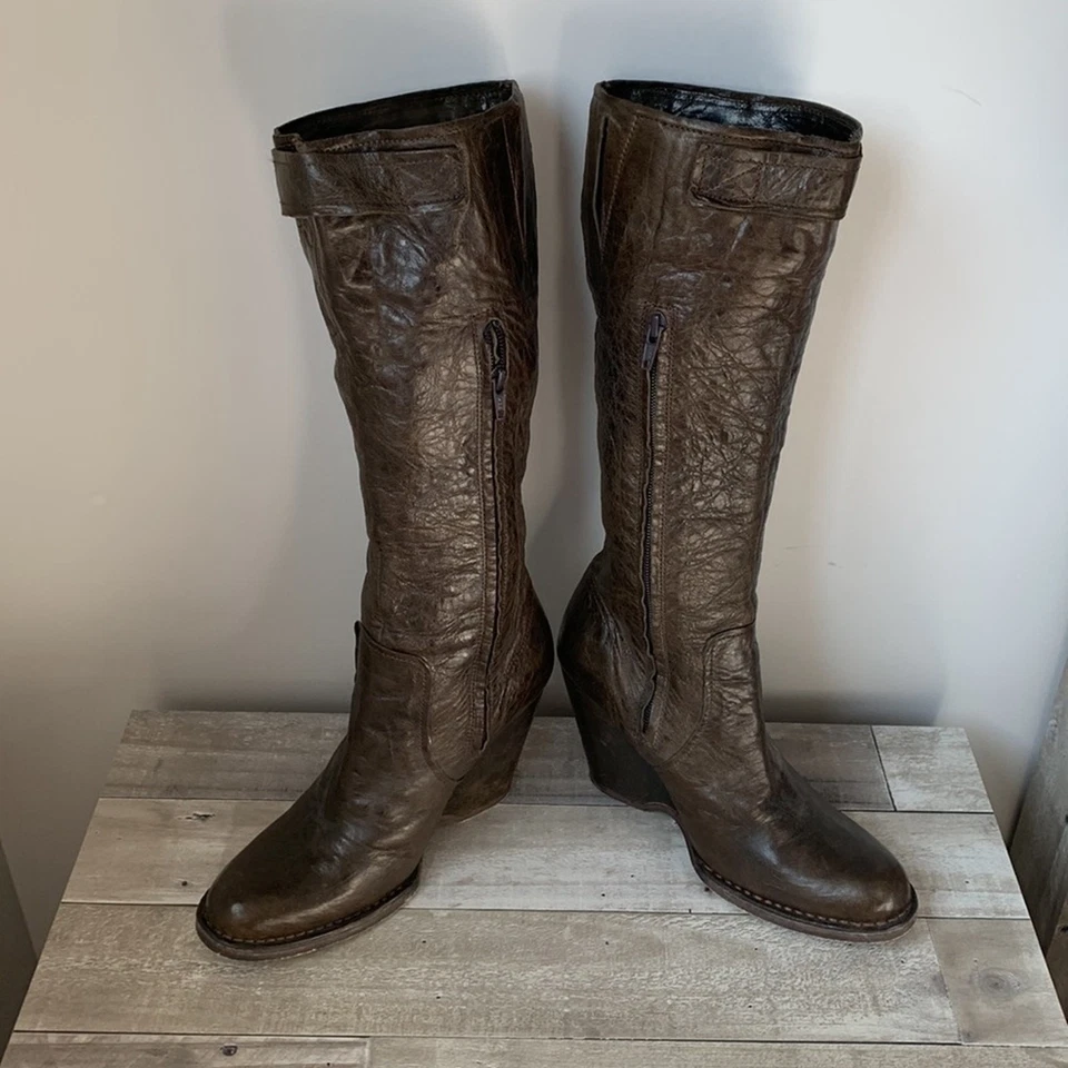 Botas de cuña Apepazza media pantorrilla marrón cuero tacón para mujer 7,5 Foto 4 de 4