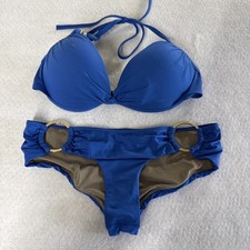 Victoria s Secret Vibrant Blue Bikini Top 34D Metal Ring Bottoms S HTF