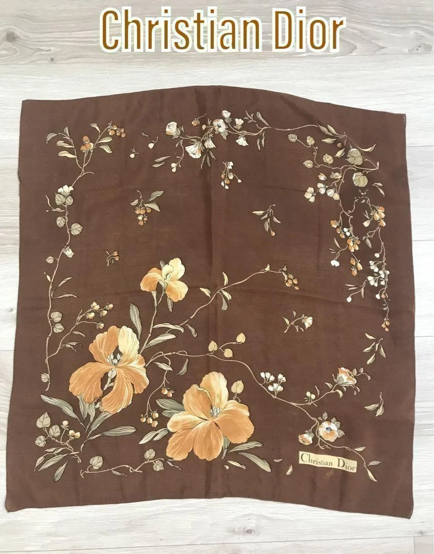 Christian Dior écharpe châle en soie marron à fleurs étole 100 % soie 25,2 x 25,6 pouces