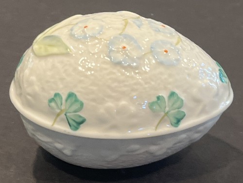 Vintage Belleek Morning Glory Egg Shaped Trinket Box Dark Green Mint Mark - Picture 4 of 15