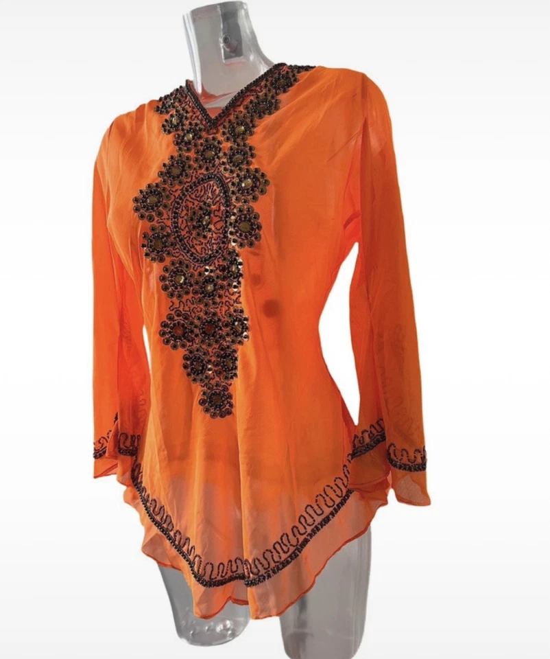 Haut tunique femme orange col V manches longues broderie perlée L - Photo 1/2
