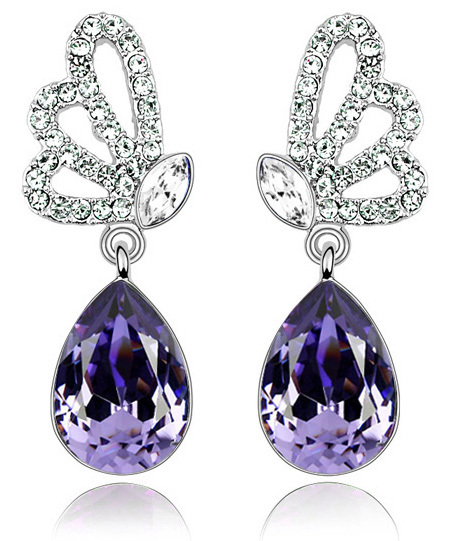 Pendientes Colgantes Morados Con Mariposas Y Piedras De Cristal Nuevos E608