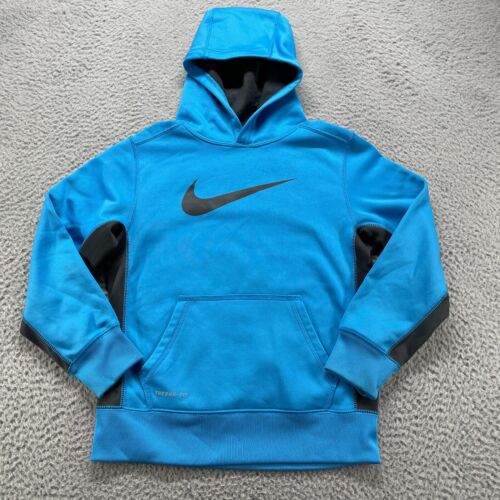 Nike Sweater Girls M 34x21 Blue Therma Fit Black Swoosh Casual Pullover Hoodie