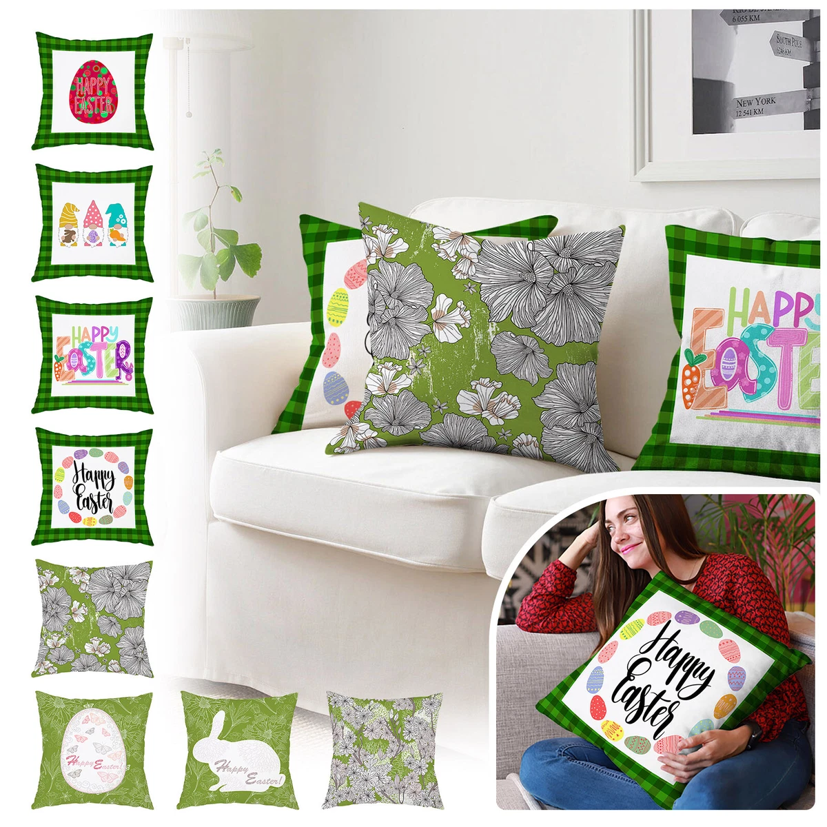 Easter Throwing Pillow Cover Short Plush Sofa Pillow Rabbit Dinosaur Egg Home