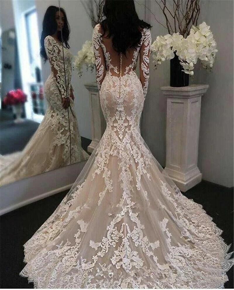 Luxury Champagne Mermaid Wedding Dresses Bridal Gown Long Sleeves