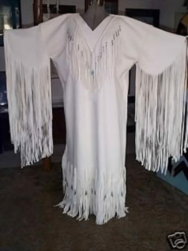 Damen Weiß Leder Lange Fransen Perlen Brautkleid Powwow - Bild 3 von 13