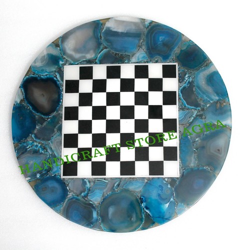 Blue Natural Agate Chess Table Top with Chess Figure & Stand for Coffee Table - Picture 4 of 10