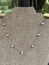 MEXICO STERLING SILVER 925 REAL LIGHT BLUE 8MM PEARL STATION NECKLACE 16.5?