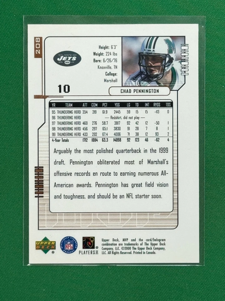 2000 Upper Deck MVP Football Chad Pennington #208 RC Rookie - Image 2 of 2