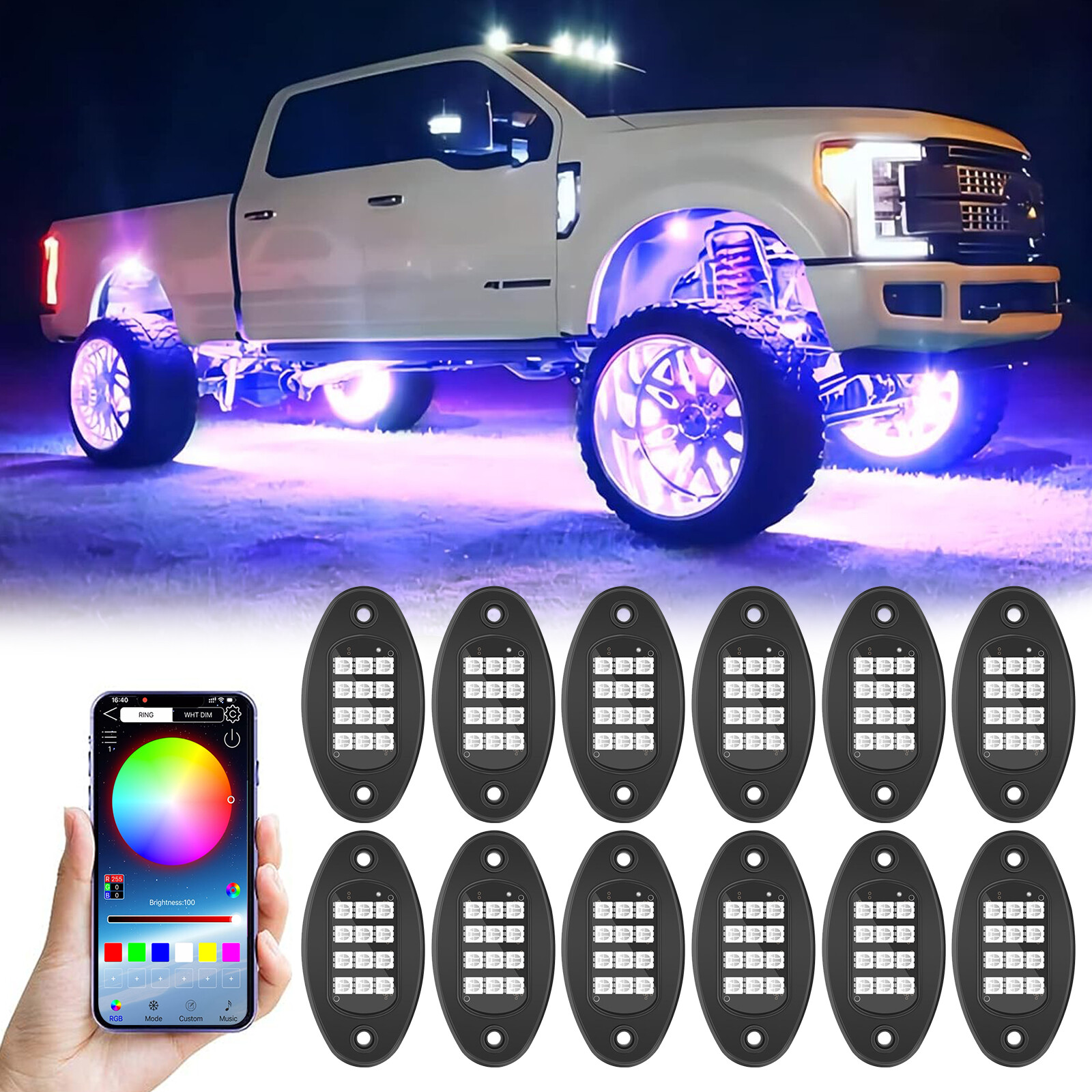 12-Pod RGB LED Rock Lights Kit for Offroad Trucks with Bluetooth Music Sync & APP Control