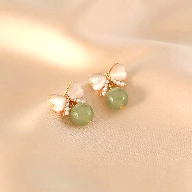 Women Fashion Opal Stud Earrings Needle Bow Knot Gold Plated Jewelry Gift Green-