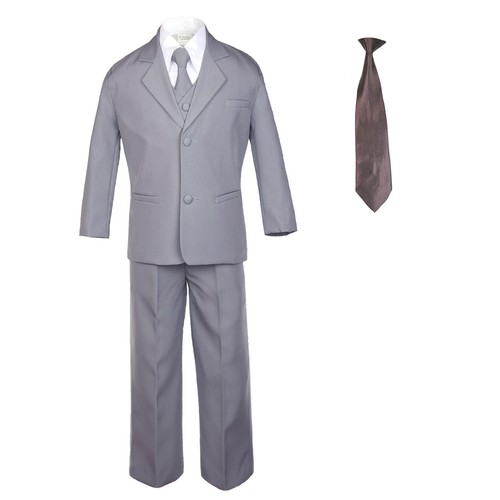 6pc Baby Toddler Boy Teen Formal Party Medium Gray Suit w/Satin Necktie M-20 - Picture 4 of 25