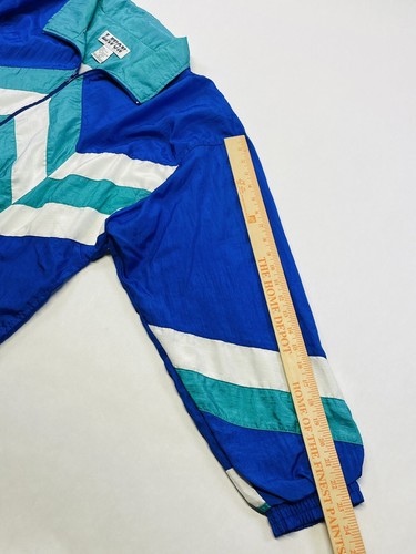 Vintage 90er Nylon Freizeitanzug Sport Track Blau Multi Gr. L Windbreaker Retro - Bild 13 von 24