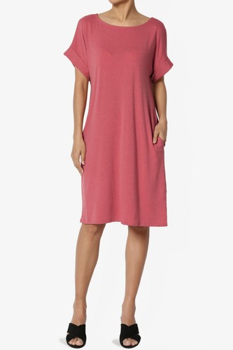 TheMogan S~3XL Rolled Short Sleeve Pocket Boxy Relaxed Jersey Midi T-Shirt Dress - Picture 183 of 187
