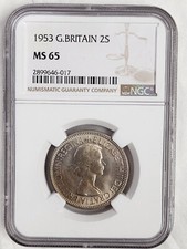 1953 ELIZABETH II CORONATION GREAT BRITAIN 2S FLORIN NGC MS65 - RARE!