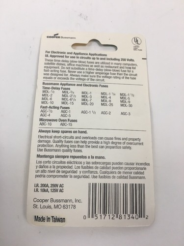Fusible de retardo de tiempo para equipos electrónicos Bussmann BP/MDL-5, 5 amperios, CD 2 - Imagen 2 de 2