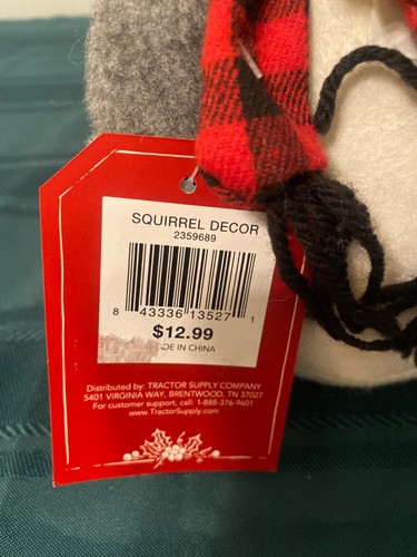 Red Shed Gray Squirrel Christmas Decor Plush New Buffalo Plaid Scarf 8 In Tall - Picture 4 of 4
