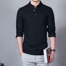 Indian 100 Cotton Men Kurta Shirt T-Shirt Black Tunic Top Solid Color All Size