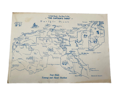 Gold Beach Oregon Paper Placemat The Captain's Table Restaurant Vintage Map
