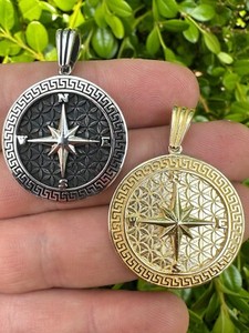 Authentic Real 925 Silver / 14k Gold Plated North Star Compass Medallion Pendant Necklace