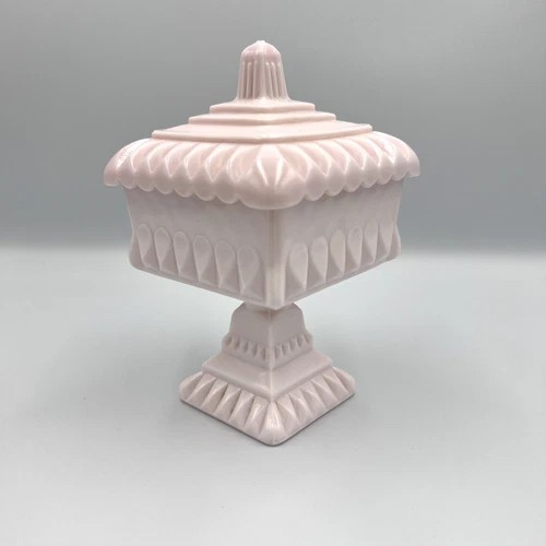 Jeanette Milk Pink Glass Lidded Pedestal Wedding Dish 6.5"