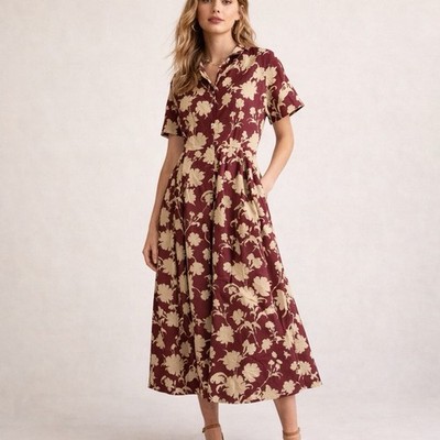 Trovata Birds of Paradis Aster Dress Floral Button Front Midi Burgundy Cream M