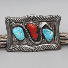 ZUNI-VINTAGE STERLING, TURQUOISE, CORAL BELT BUCKLE W/SNAKE by MIKE SIMPLICIO