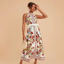 Women's Floral Print Lace-up Sleeveless Mid-length Dress
