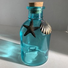 Small Blue Turquoise Glass Cork Bottle Clamshell Starfish Nautical Decor