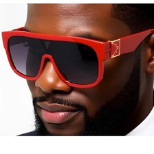 Bold Red Oversized Shield Sunglasses Men Gold Accent Dark Lenses UV400 Protect